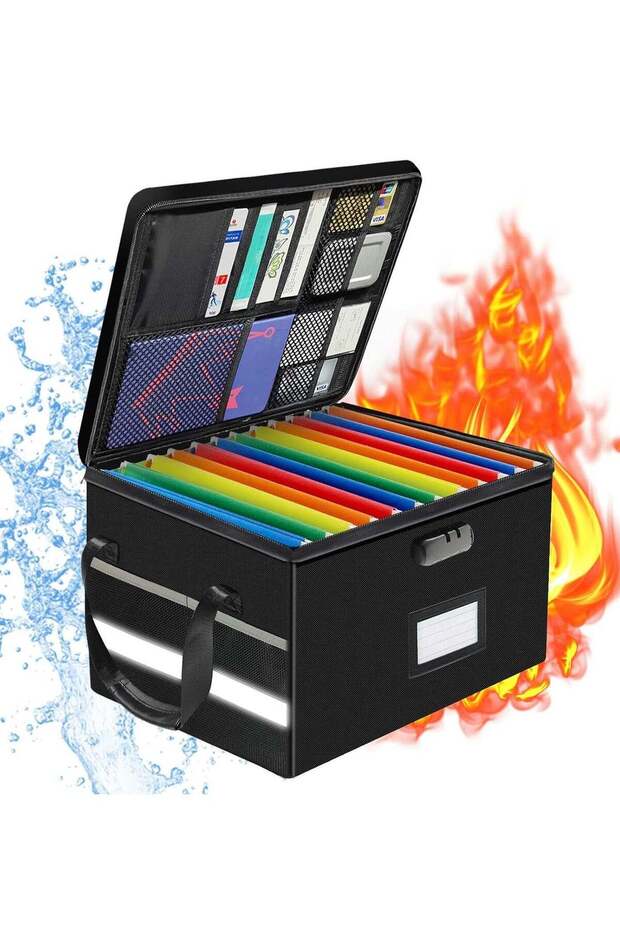 Document Box, Fireproof with Lock, Collapsible File Organizer, Portable, 10 Tab & Inserts