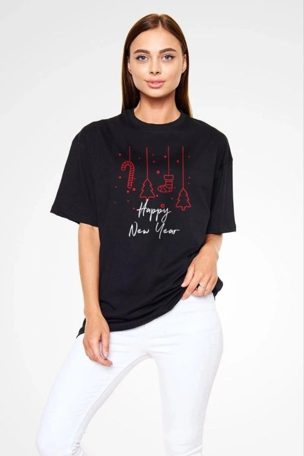 Women's Crew Neck Short Sleeve Printed Oversized T-Shirt - Black