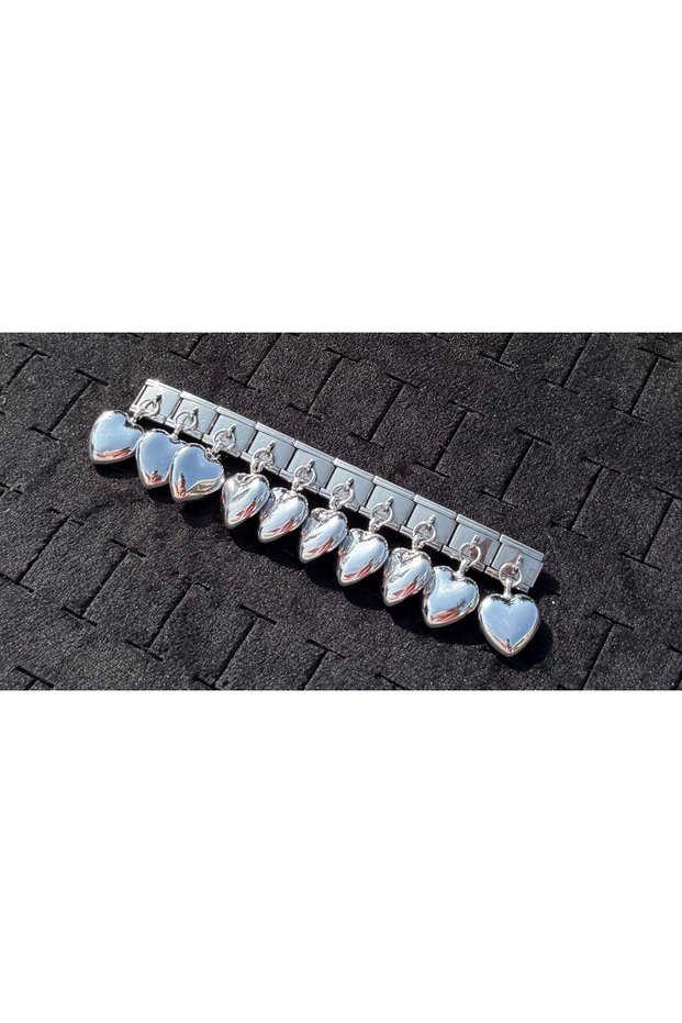 Silver Color Italian Charm Bracelet with Dangling Heart Detail – Stainless Steel (1 Piece)