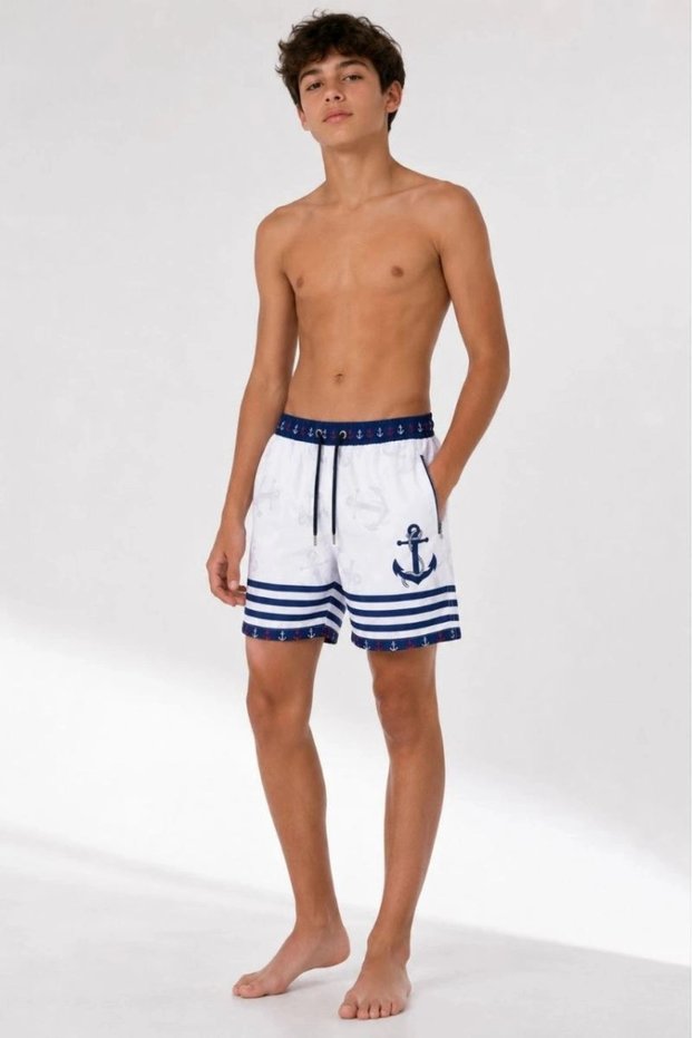 Children's Premium Swim Shorts with Zipper Pockets and Mesh Lining - White