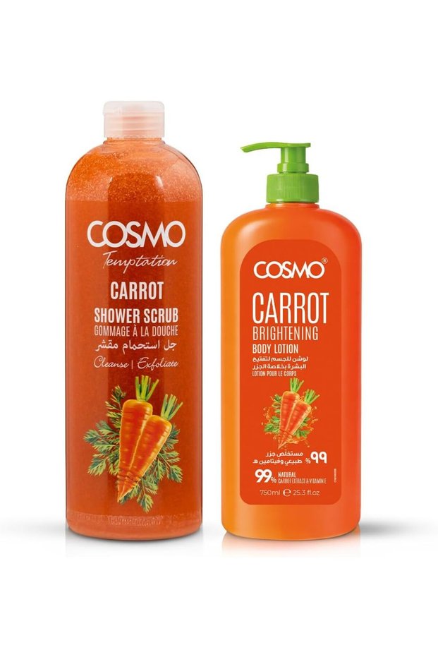 Cosmo Carrot Luxury Bath & Body Care 2 Pieces Set | Shower Scrub 1000ml & Body Lotion 750ml | Long Lasting Fragrance | Deep Moisturizer & Tan Removal | Non Greasy | Non Sticky | For All Skin Types
