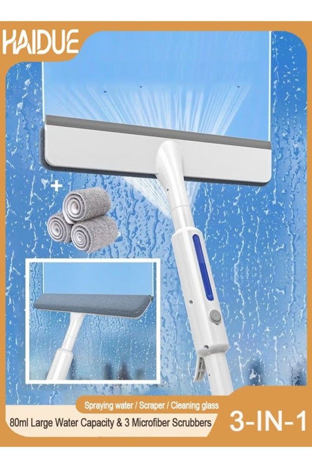 Spray Window Squeegee Cleaning Tool Set 3-in-1 Glass Washer 80ml Large Water Capacity & 3 Microfiber Scrubbers, Shower Squeegee with Extension Pole for Indoor/Outdoor High Window Glass Mirror