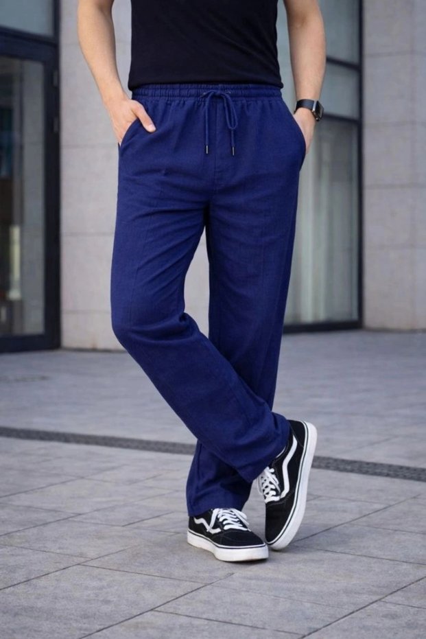 Marchè Bien Men's Linen Pocketed Stitched Jogger Buggy Pants Comfortable Fit - Navy Blue