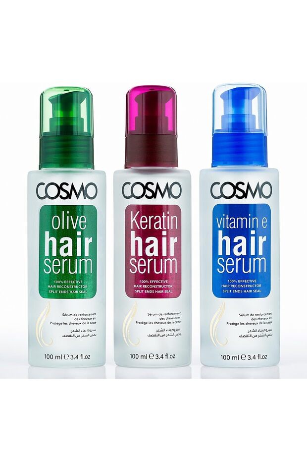 Cosmo Hair Care Repair, Shine & Anti Frizz Treatment Complete Kit Pack Of 3 | Keratin, Olive, Vitamin E Hair Serum 100ml | Lightweight & Non Greasy | For Men & Women | For All Hairs Types