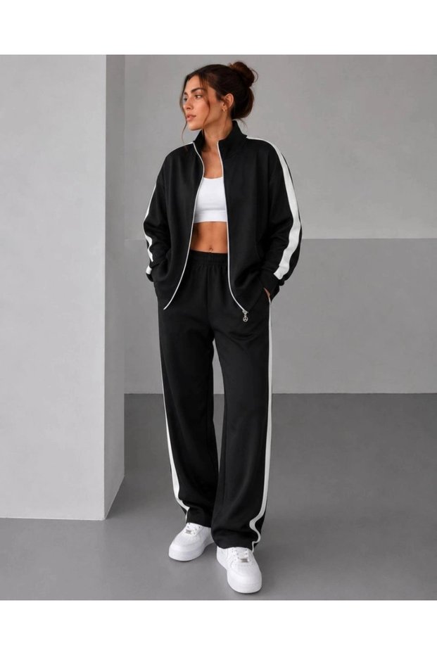 Marchè Bien Women's Scuba Fabric Oversize Stripe Detailed Zippered Top and Bottom Tracksuit Set - Black