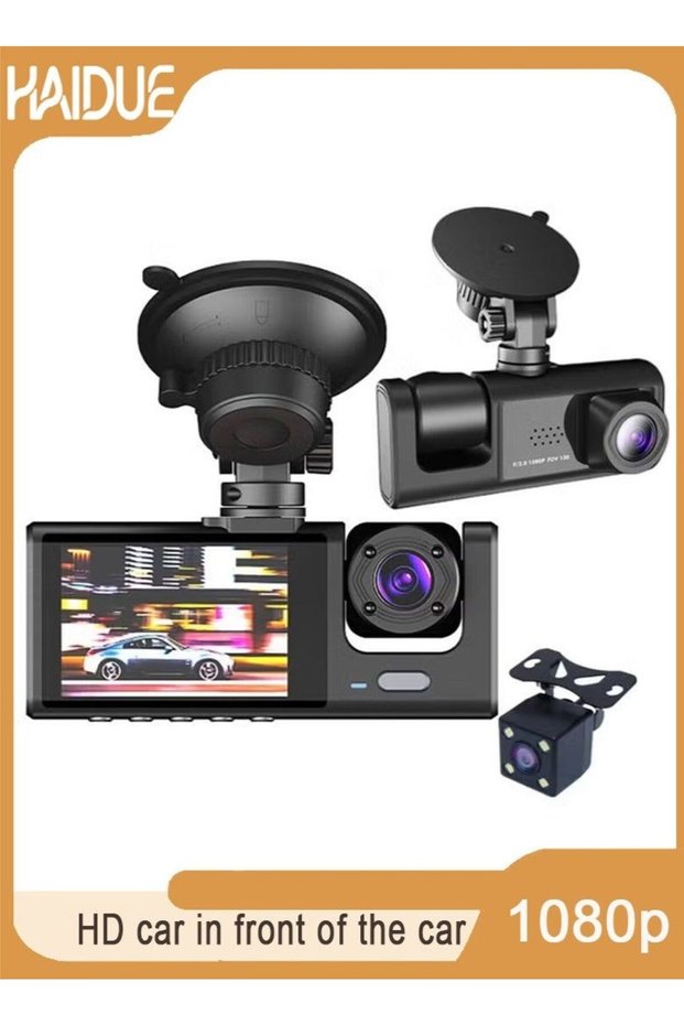 Hd 1080p dashcam, HD car in front of the car inside the car behind the car simultaneously recording