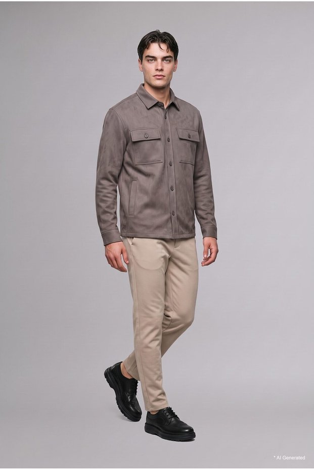 Regular Fit Polo Collar Suede Shirt Jacket with Pockets A5110Ax26Wn