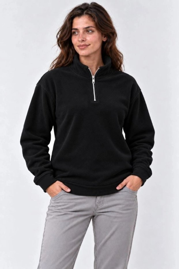 Women's Polar Fleece Stand Collar Half Zipper Long Sleeve Regular Fit Winter Sweatshirt - Black