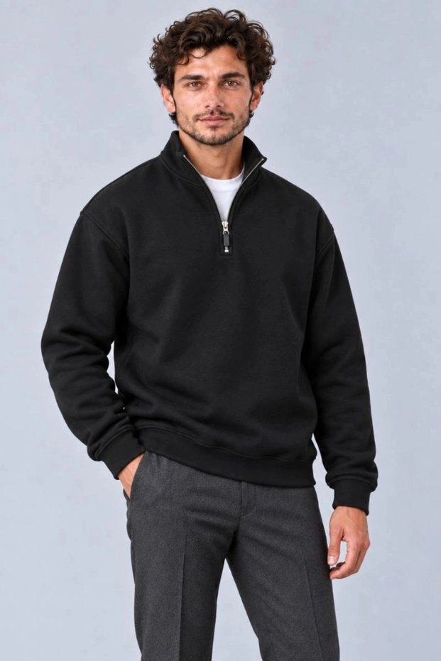 Marchè Bien Men's Three-Thread Ribbed High Collar Half-Zip Winter Sweatshirt - Black