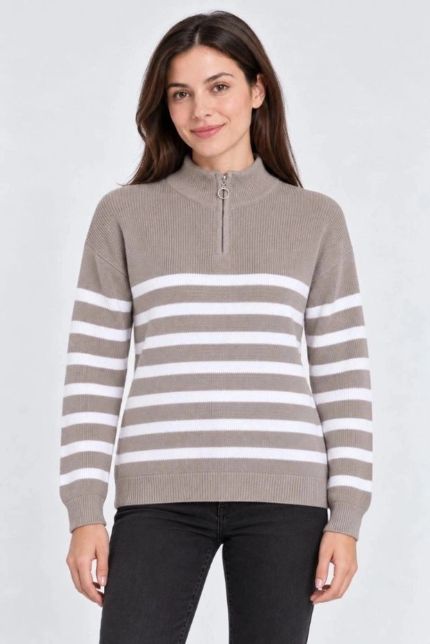 Marchè Bien Women's High Collar Half Zipper Striped Thessaloniki Knit Sweater - Beige
