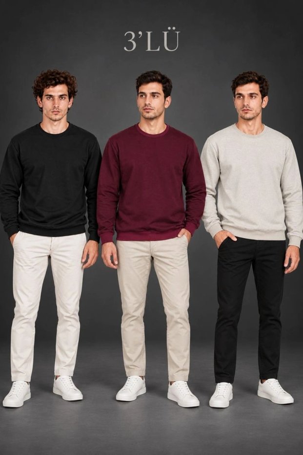 Men's 3-Piece Crew Neck Sweatshirt with Inner Ribbed 2-Yarn Plain Long Sleeve Regular Fit - Black - Claret Red