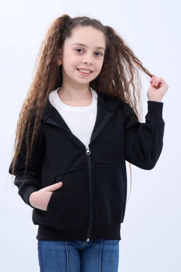 Girl's Hooded Cardigan Sweatshirt with Kangaroo Pocket and Full Zipper - Black