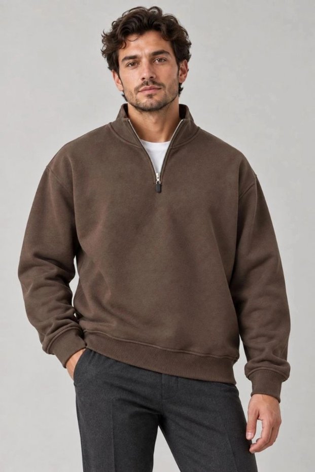 Marchè Bien Men's Three-Thread Ribbed High Collar Half-Zip Winter Sweatshirt - Brown