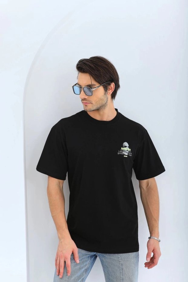 Men's Printed Crew Neck Short Sleeve T-Shirt - Black