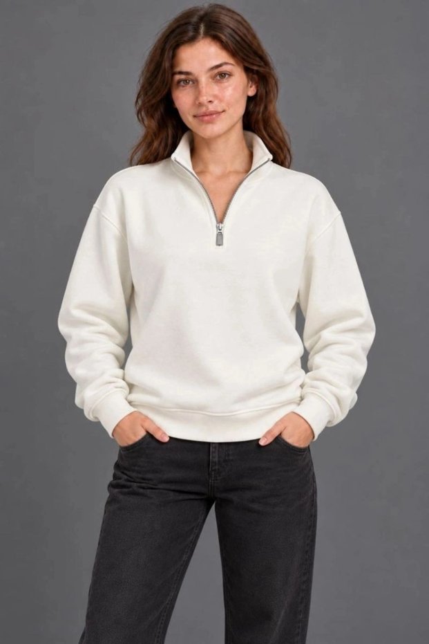 Women's Three-Thread Ribbed High Collar Half-Zip Winter Sweatshirt - White