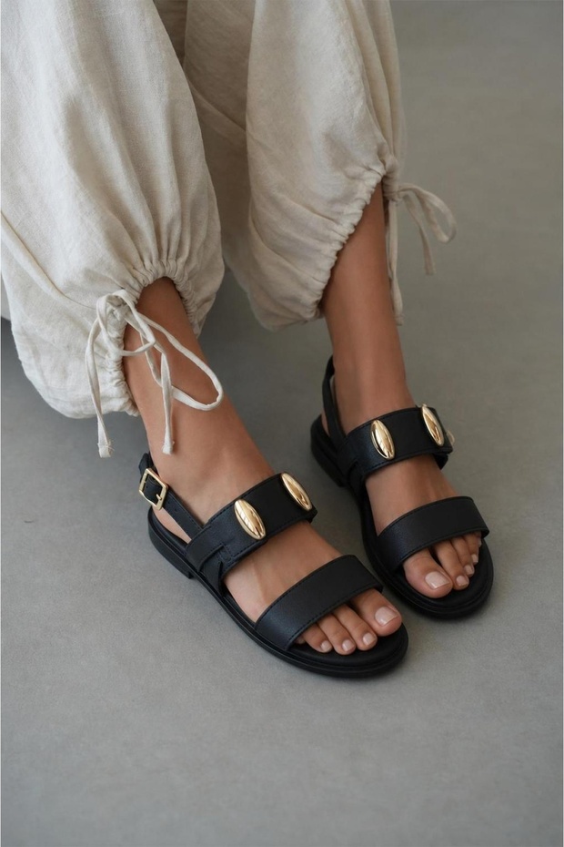 Leather Sandals with Gold Drop Accessories - Black