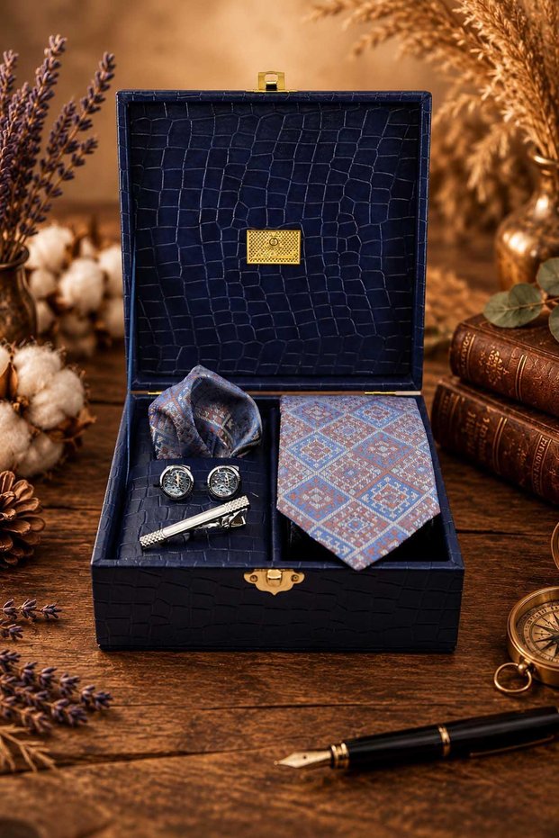 Navy Blue Men's Gift Box - Tie, Handkerchief, Cufflinks, Tie Clip Set Kmk284