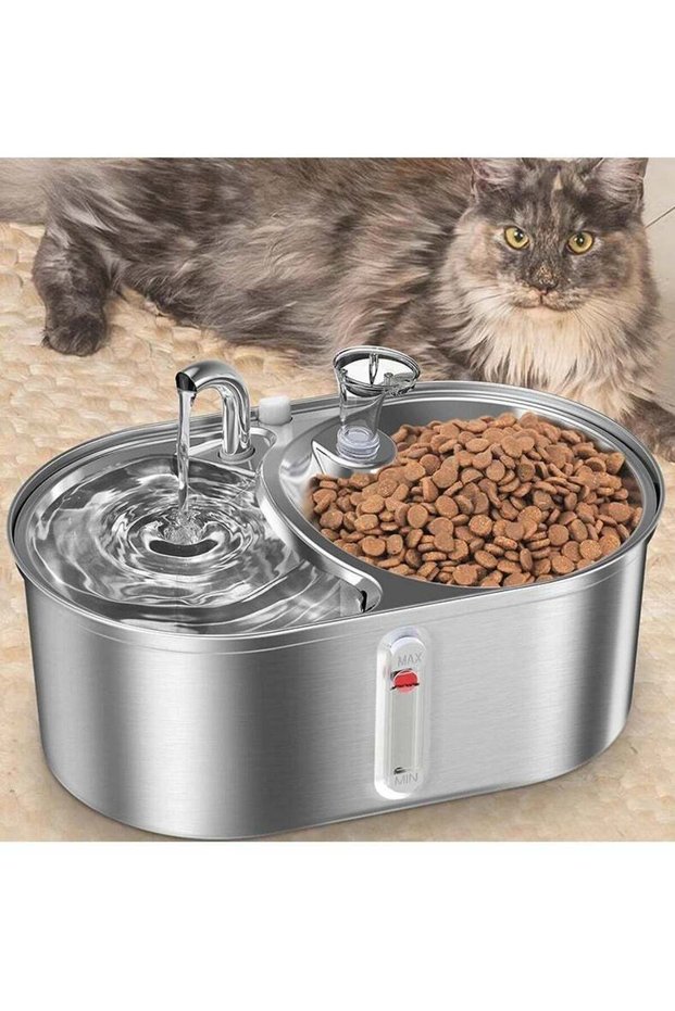 Dog, and Cat Water Fountain, 3.0l Stainless Steel 2-in-1 Food and Water Dispenser, Ultra-Quiet Pet Drinking Station
