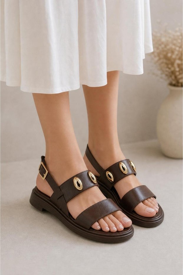 Patent Leather Sandals with Gold Drop Accessories - Bitter Brown