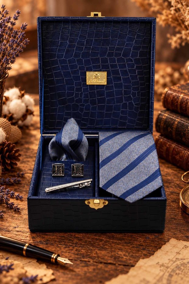 Navy Blue Men's Gift Box - Tie, Handkerchief, Cufflinks, Tie Clip Set Kmk303