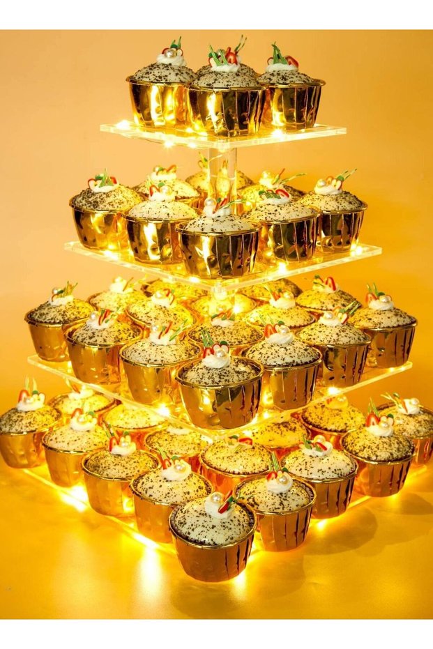 Cupcake Stand, 4 Tier Acrylic, LED Light String, for Weddings & Birthday Parties, Light, Yellow