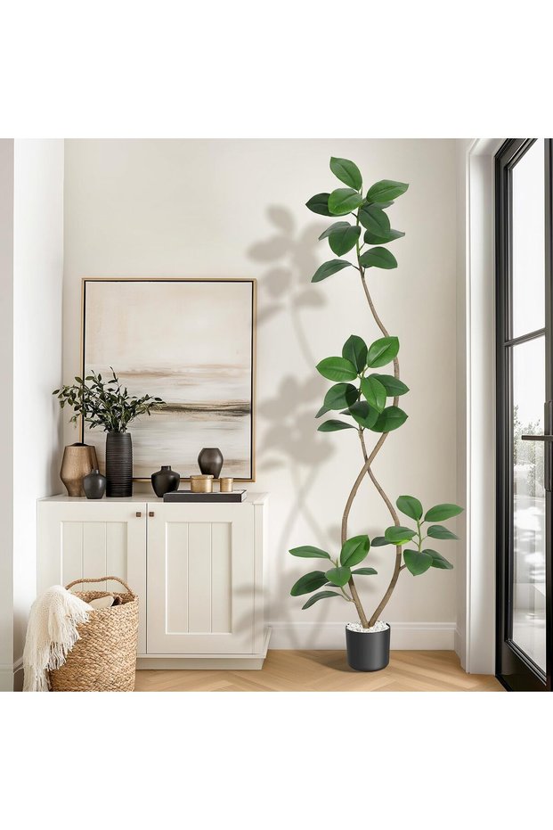 Artificial Rubber Tree, Real Touch Faux Fiddle Leaf Fig Tree with Black Resin Pot & White Stones, Tall Floor Tropical Plant Indoor Decor