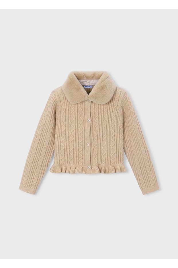 Girl's Beige Fur Collar Cardigan