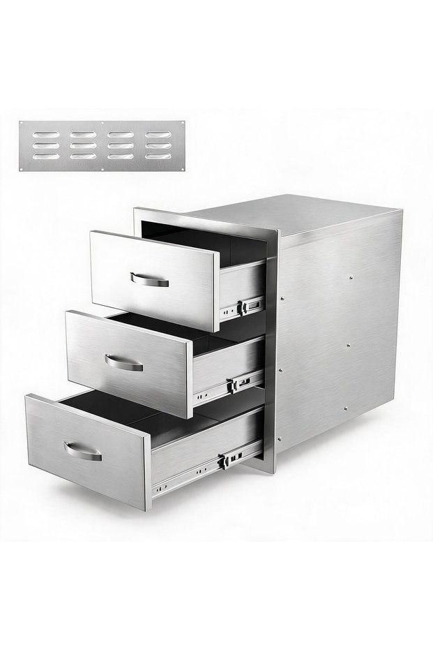 304 Stainless Steel Outdoor Kitchen Drawer, Flush Mount Built-in BBQ Drawer with Ventilation Panel for Grill Island Patio Cabinet