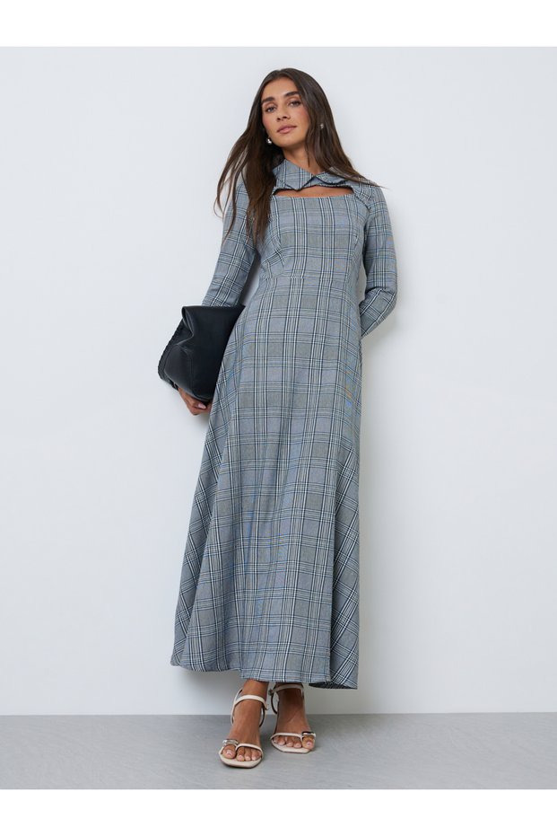Grey Checked Maxi Dress with Cut-Out Detail