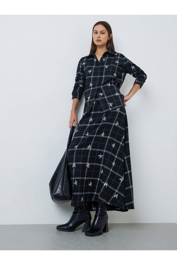 Black Plaid Cotton A-Line Maxi Skirt