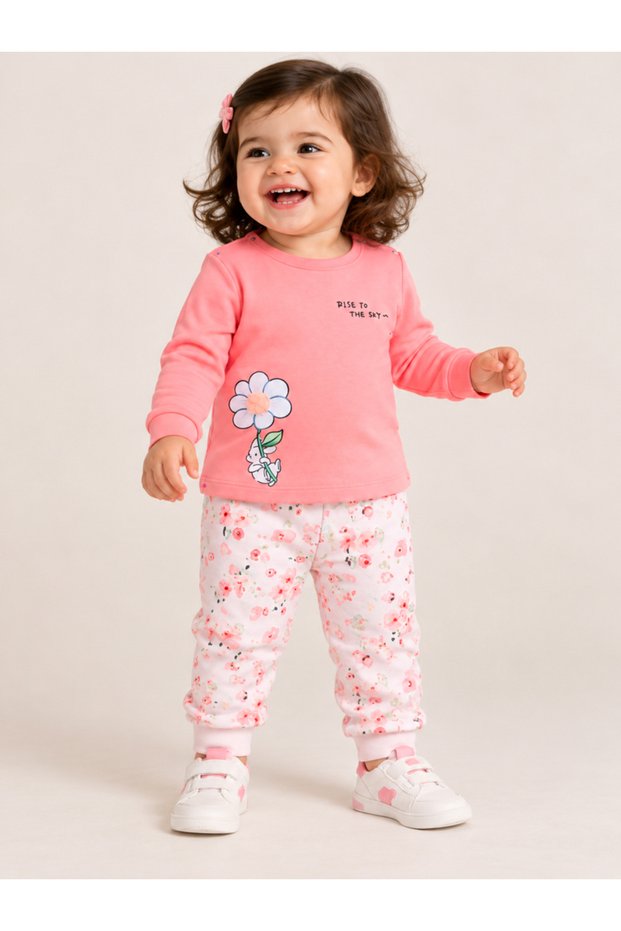 Baby Girl Pink Floral Print Cotton T-Shirt and Pants Set
