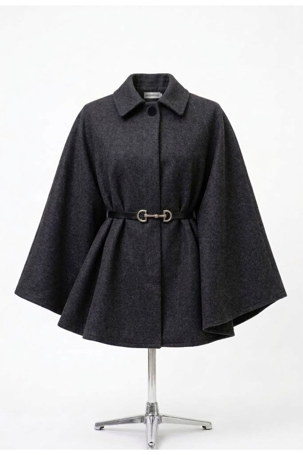 Cape Poncho Size 77 with Belt Detail Dark Gray