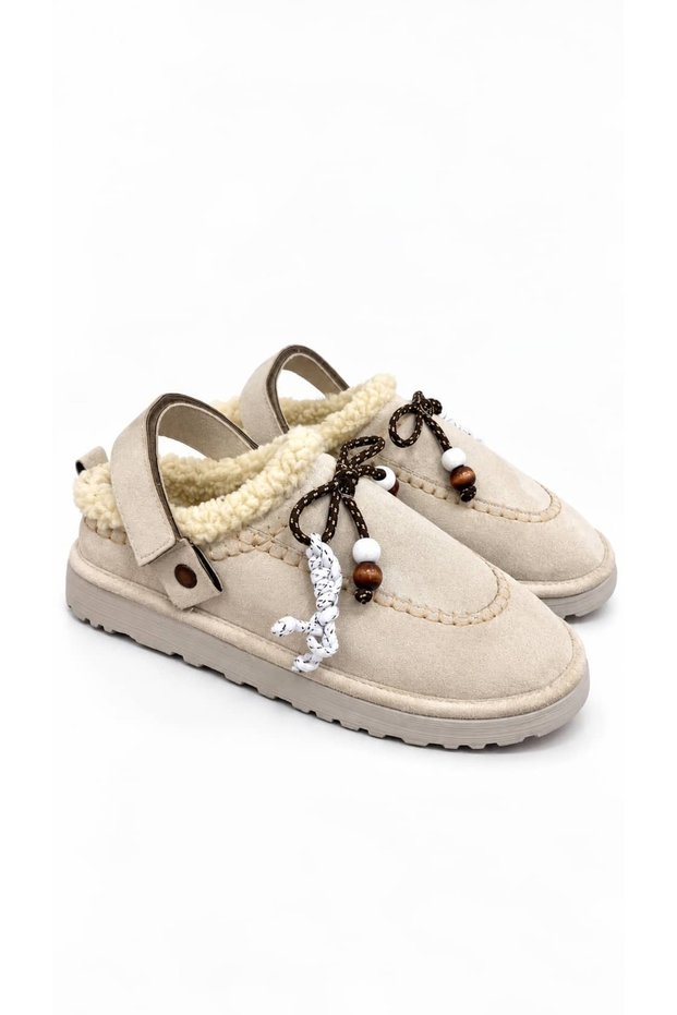 Women's Beige Suede Fur Lined Lace-Up Bead Detail Women's Sabo Slippers Misel