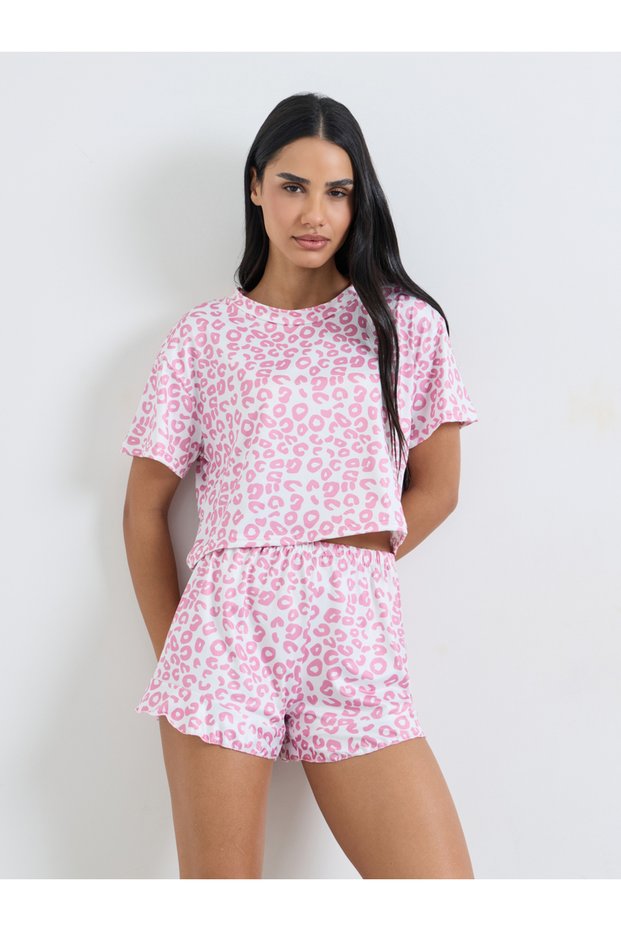 Pink Animal Print T-Shirt and Ruffle Shorts Set