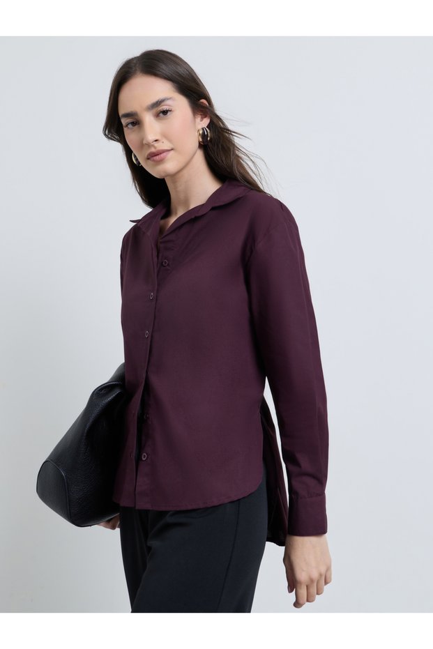 Burgundy Relaxed Fit Shirt with High-Low Hem