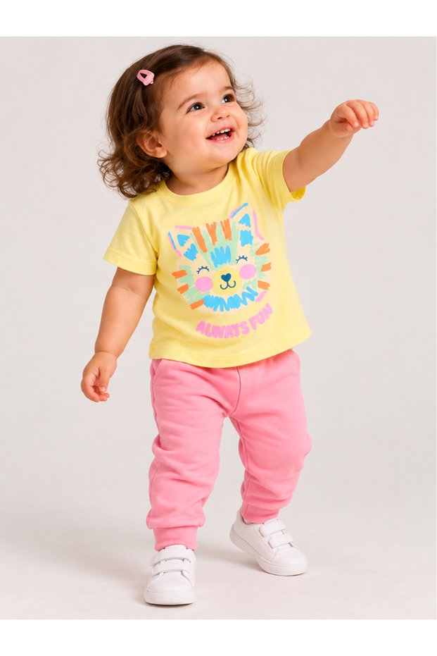 Baby Girl Yellow Cat Graphic Cotton T-Shirt