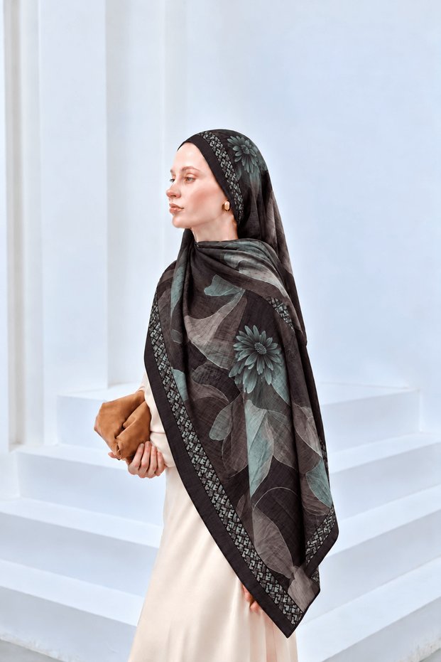 Patterned Muslin Shawl - Black & Turquoise
