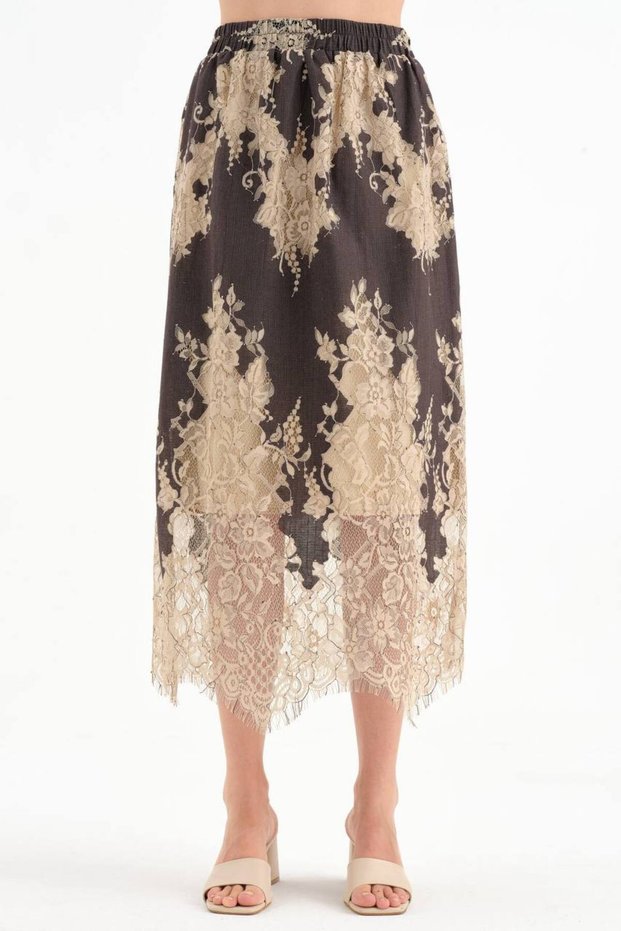 Women's Lace Fabric Design Skirt with Elastic Waist and Lining, Midi Length