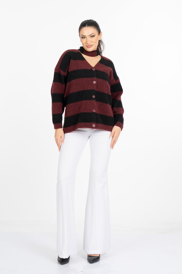 Women's Winter Burgundy Amelie Scarf Detailed Striped Knitwear Cardigan 20331