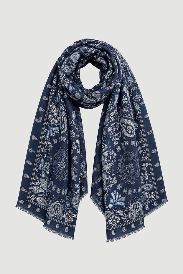 Shawl with Patterned Large Motifs - Navy Blue