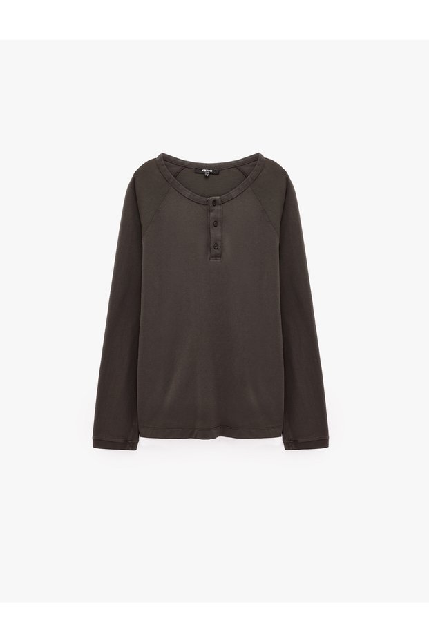 Cotton Long Raglan Sleeve Buttoned Oversize Henley Collar Sweatshirt