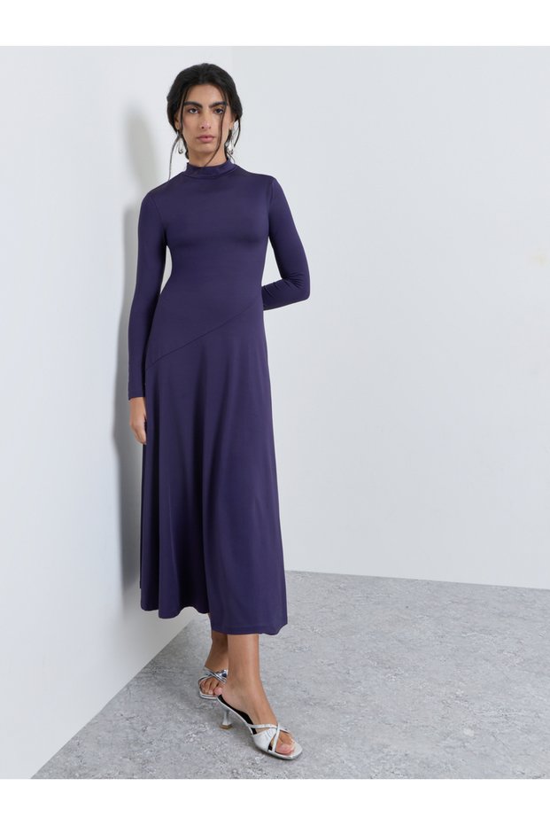Purple High Neck A-Line Midi Dress