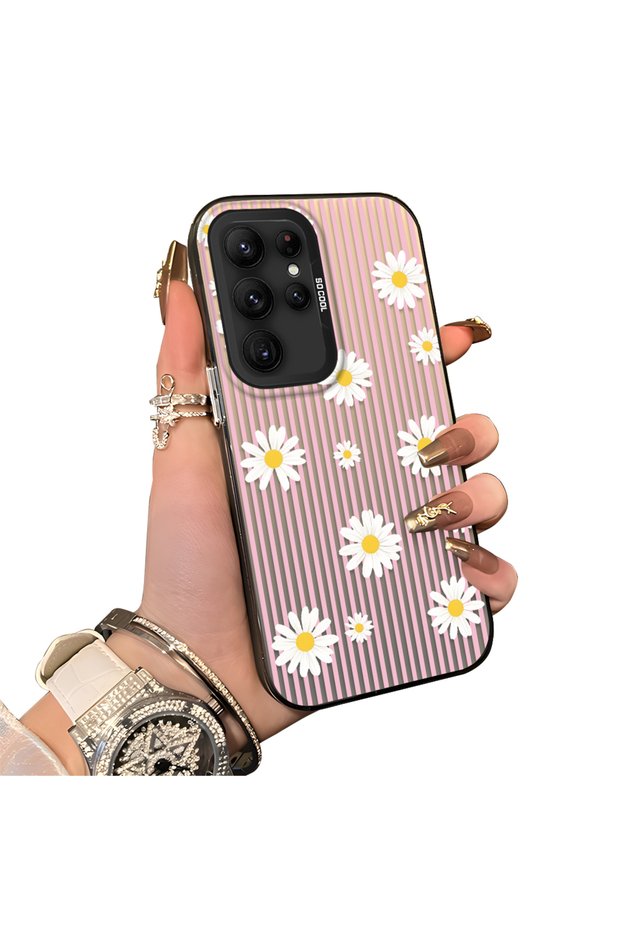 Samsung Galaxy S22 Ultra Compatible Women's Pink Striped Daisy Phone Case Shockproof