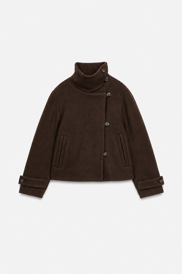 Women's Black Double-Breasted Jacket Short Women's Coat – Stand-Up Collar, Buttoned and Modern Design Zr Model