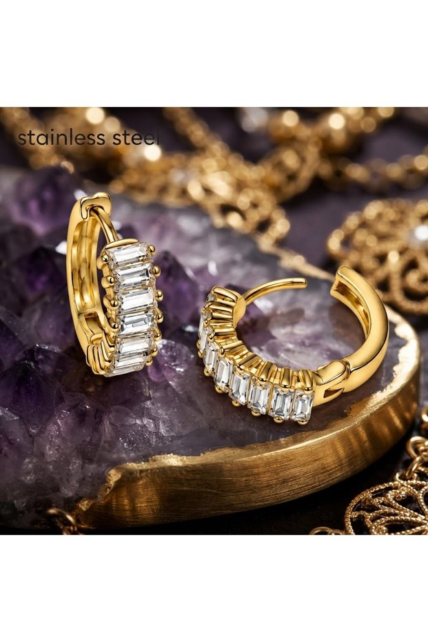 Gold Color Rowed Baguette Stone Ring Model Steel Earrings