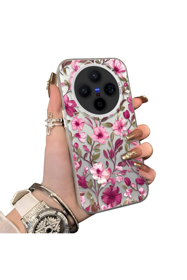 Vivo X300 Compatible Burgundy Pink Floral Pattern Phone Case Shockproof