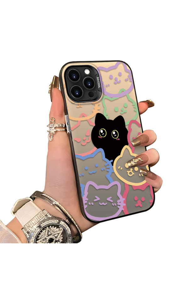 iPhone 15 Pro Compatible Colorful Line Cat Figure Phone Case Shock Absorbing Protective Case