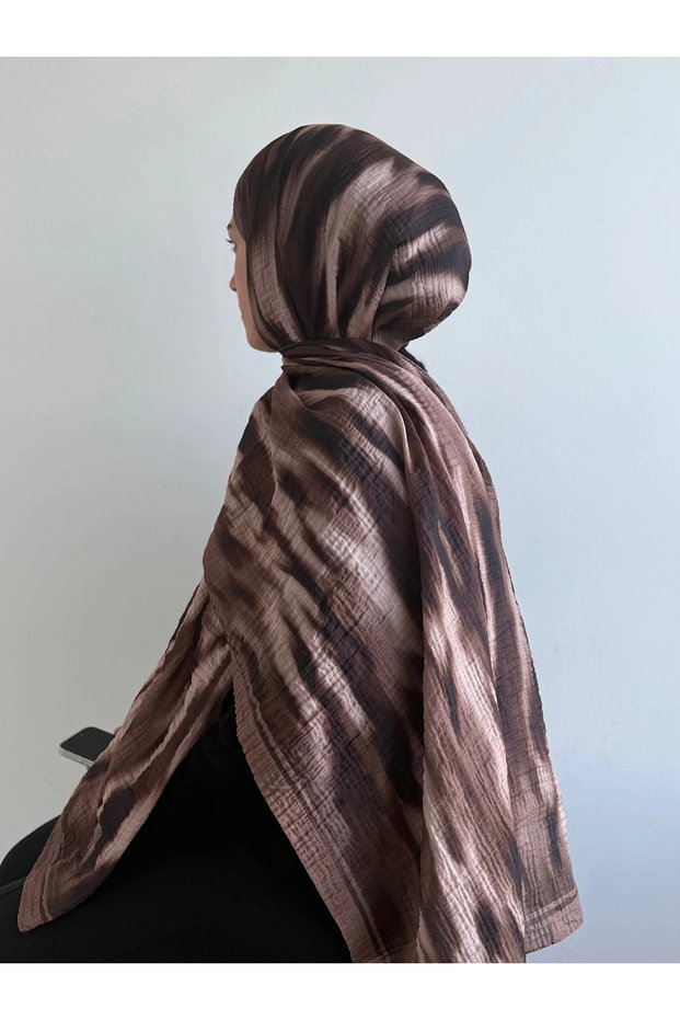 Retro Wave Pattern Muslin Shawl - Khaki & Brown