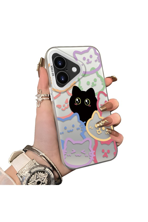 iPhone 17 Compatible Colorful Line Cat Figure Phone Case Shock Absorbing Protective Case