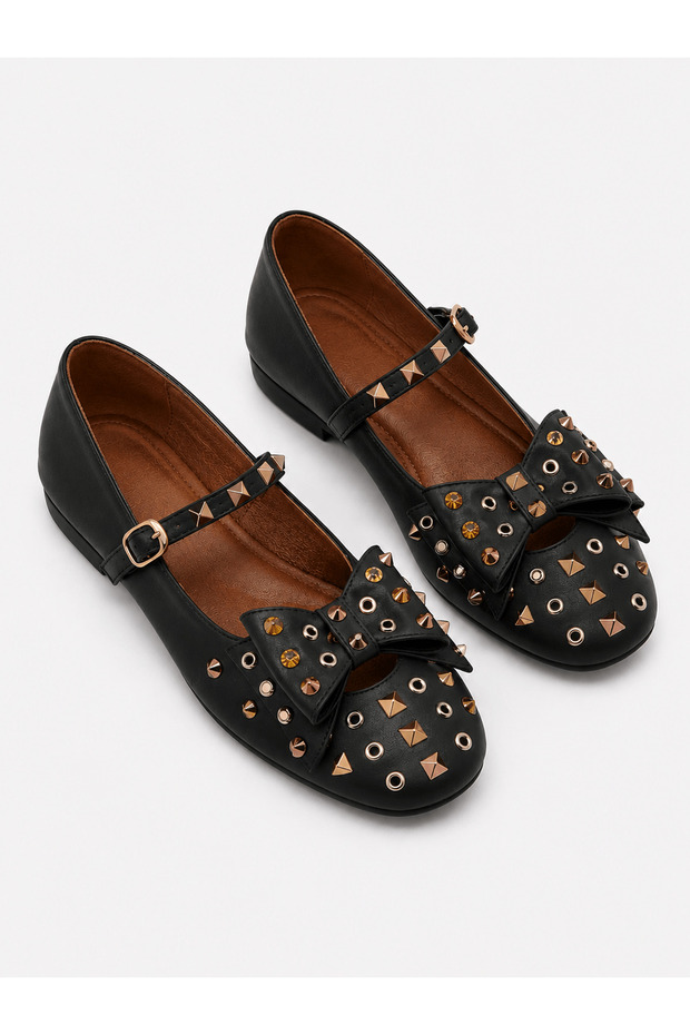 Bow-Tie Studded Detailed Leather Ballerinas - 032 - 12 - 01 - Black